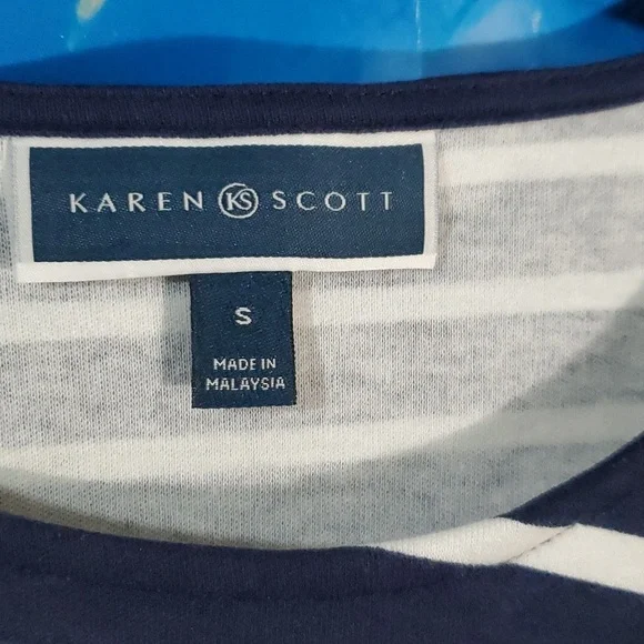 KAREN SCOTT Callie Asymmetrical stripes 3/4 Sleeves Boat neck women's top size S - Picture 2 of 5